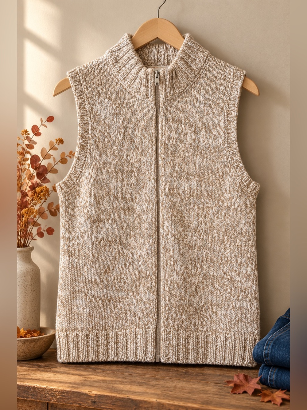 Talbots 100% Cotton Full Zip Sweater Vest Medium Cream Beige Marled Knit